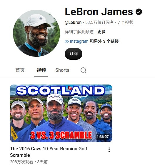 詹姆斯YouTube账号关注达到53万 首个高尔夫视频播放破200万